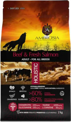 Сухой корм для собак Ambrosia Grain Free для всех пород говядина, лосось / U/ABS2 (2кг)