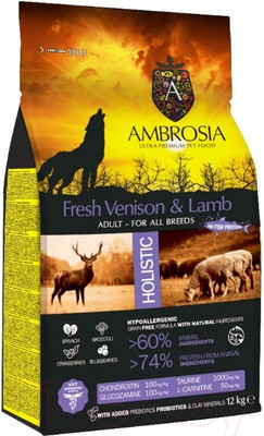 Сухой корм для собак Ambrosia Grain Free для всех пород с олениной и ягненком / U/AVL12 (12кг)