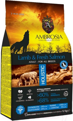 Сухой корм для собак Ambrosia Grain Free для всех пород с ягненком и лососем / U/ALS12 (12кг)
