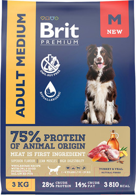 Сухой корм для собак Brit Premium Dog Adult Medium с индейкой и телятиной / 5063161 (3кг)