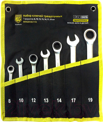 Набор ключей BERGER Комбинированных трещоточных 8-19мм / BG1110 (7 предметов в матерчатом чехле)
