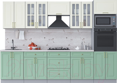 Кухонный гарнитур Интерлиния Мила Шато 3.0В (белый/мята/бискайская сосна)
