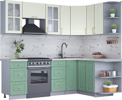 Кухонный гарнитур Interline Мила Шато 1.5x2.3 правая (белый/мята/бискайская сосна)