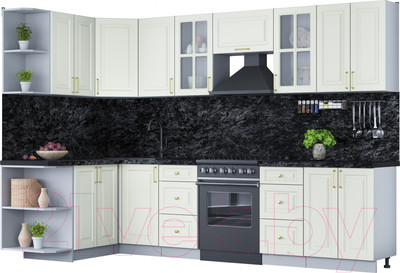 Кухонный гарнитур Интерлиния Мила Шато 1.5x3.0 левая (белый/белый/кастилло темный)