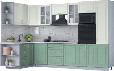 Кухонный гарнитур Интерлиния Мила Шато 1.68x3.2 ВТ левая (белый/мята/бискайская сосна)