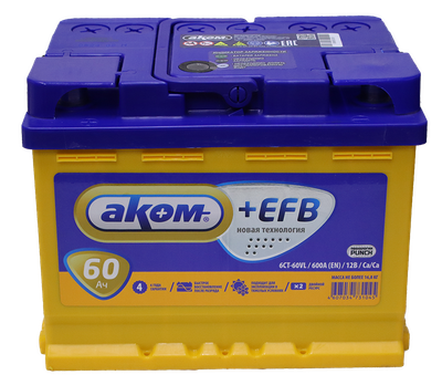 Автомобильный аккумулятор AKOM 6СТ-60 Рус + EFB L + 600A (60 А/ч)
