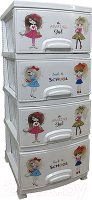 Комод пластиковый Росспласт Декор Девочки 4 яруса (белый)