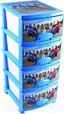 Комод пластиковый Росспласт Декор Мотокросс 4 яруса (голубой)