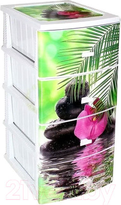 Комод пластиковый Росспласт Декор Орхидея Моно 4 яруса (белый)