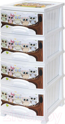 Комод пластиковый Росспласт Декор Совушки 4 яруса (белый)