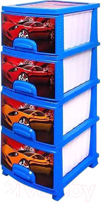 Комод пластиковый Росспласт Декор Тачки 4 яруса (голубой)