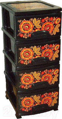 Комод пластиковый Росспласт Декор Хохлома 4 яруса (черный)