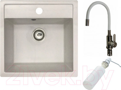 Мойка кухонная со смесителем БелЭворс Rio + смеситель W74004-3 + дозатор L405H (белый)