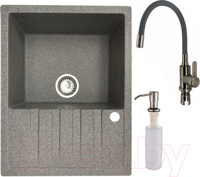 Мойка кухонная со смесителем БелЭворс Vega L + смеситель W74004-9 + дозатор L405-1 (серый/сатин)
