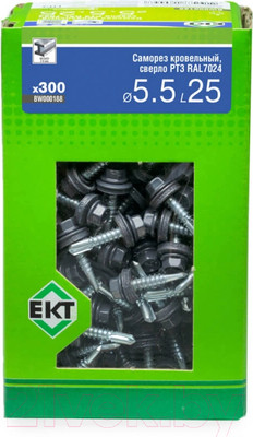 Саморез ЕКТ Кровельный с резиновой прокладкой 5.5х25 сверло PT3 / BW000188 (250шт, RAL7024)