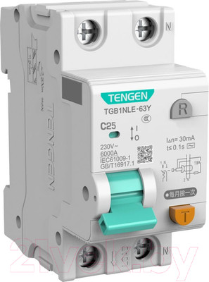 Дифференциальный автомат Tengen TGB1NLE-63Y 1P+N 25A C 6kA 30mA AC 2M / TEN312173