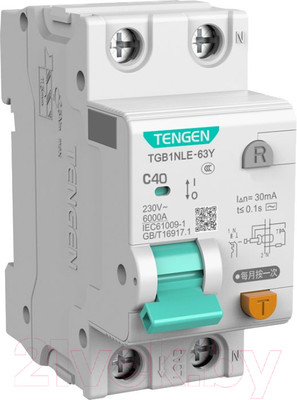 Дифференциальный автомат Tengen TGB1NLE-63Y 1P+N 40A C 6kA 30mA AC 2M / TEN312175