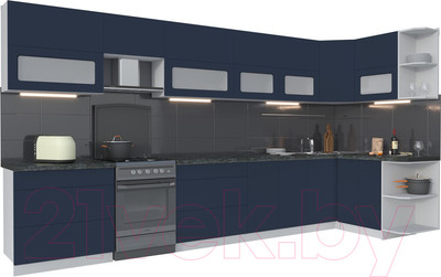 Кухонный гарнитур Интерлиния Мила Матте 1.5x4.0 Б правая (индиго/индиго глянец/кастилло темный)