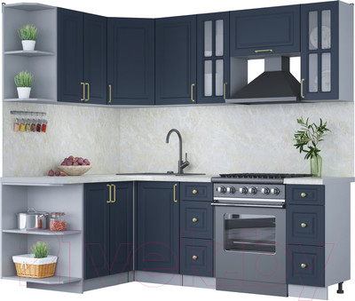 Кухонный гарнитур Интерлиния Мила Шато 1.5x2.2 левая (индиго/индиго/опал светлый)