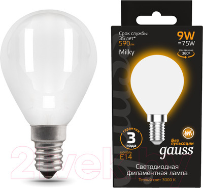 Лампа Gauss Filament Globe Е14 9W 3000К / 105201109 (Milky)