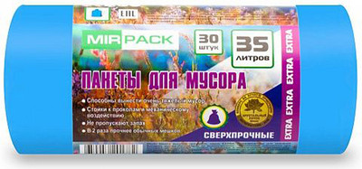 Пакеты для мусора Mirpack Extra 35л 12мкм / 9111139 (30шт, синий)