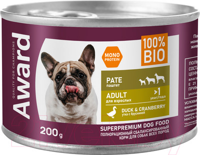 Влажный корм для собак Award Паштет из утки с брусникой / 2540348 (200г)