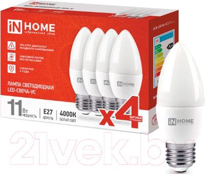Лампа INhome LED-СВЕЧА-VC 11Вт 230В Е27 4000К 1050Лм / 4690612047812 (4шт)