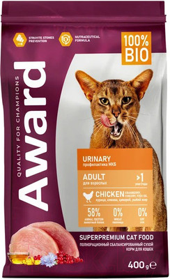 Сухой корм для кошек Award Urinary с курицей с добавлением клюквы, цикория и рыбьего жира (400г)