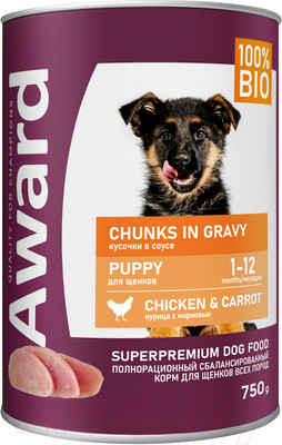 Влажный корм для собак Award Puppy Кусочки с курицей и морковью / 2540393 (750г)