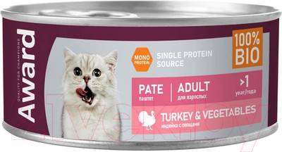 Влажный корм для кошек Award Паштет из индейки с овощами / 2540454 (100г)