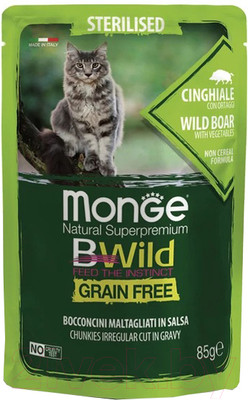 Влажный корм для кошек Monge BWild Grain Free из мяса дикого кабана с овощами (пауч, 85г)