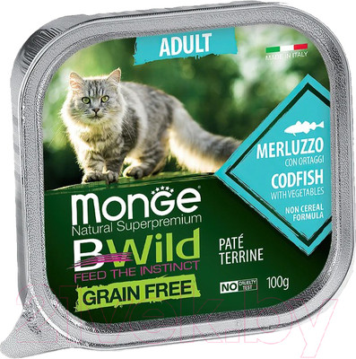 Влажный корм для кошек Monge BWild Grain Free из трески с овощами, ламистер (100г)