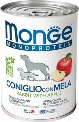 Влажный корм для собак Monge Natural Monoprotein с кроликом, рисом и яблоками (400г)