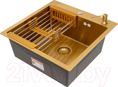 Мойка кухонная Arfeka Eco AR 50x50 + CL AR + DS AR (золото, с дозатором и коландером)