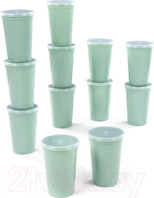 Набор стаканов Полесье 400мл с крышечками / 74062 (12шт, бледно-оливковый)