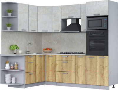 Кухонный гарнитур Интерлиния Мила Лайт 1.68x2.4 левая (бетон лайт/дуб золотой/опал светлый)