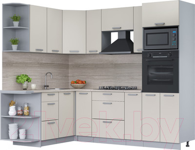Кухонный гарнитур Интерлиния Мила Лайт 1.68x2.4 левая (персидский жемчуг/персид. жемчуг/травертин серый)