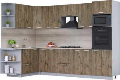 Кухонный гарнитур Интерлиния Мила Лайт 1.68x3.0 левая (дуб веллингтон/дуб веллингтон/травертин серый)