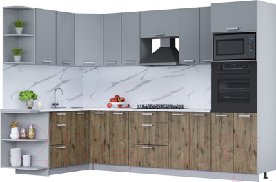 Кухонный гарнитур Интерлиния Мила Лайт 1.68x3.0 левая (серебро/дуб веллингтон/белый гранит)