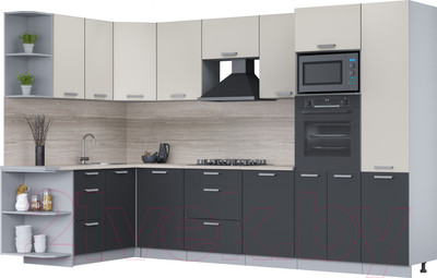 Кухонный гарнитур Interline Мила Лайт 1.68x3.2 левая (персидский жемчуг/антрацит/травертин серый)