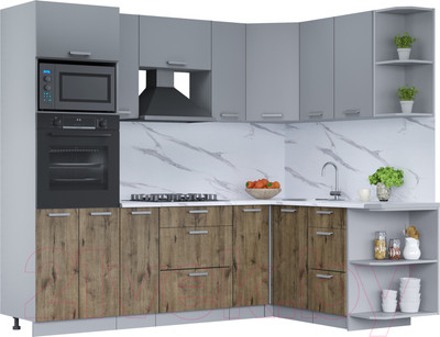 Кухонный гарнитур Интерлиния Мила Лайт 1.68x2.4 правая (серебро/дуб веллингтон/белый гранит)