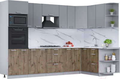 Кухонный гарнитур Интерлиния Мила Лайт 1.68x3.0 правая (серебро/дуб веллингтон/белый гранит)