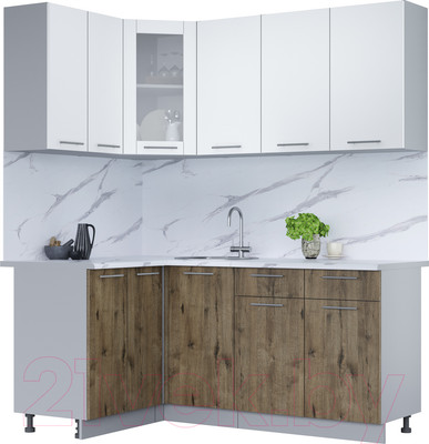 Кухонный гарнитур Интерлиния Мила 12x18 (белый платинум/дуб веллингтон/белый гранит)