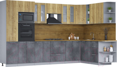 Кухонный гарнитур Интерлиния Мила 1.88х3.4 правая (дуб золотой/бетон портленд/дуб бунратти)