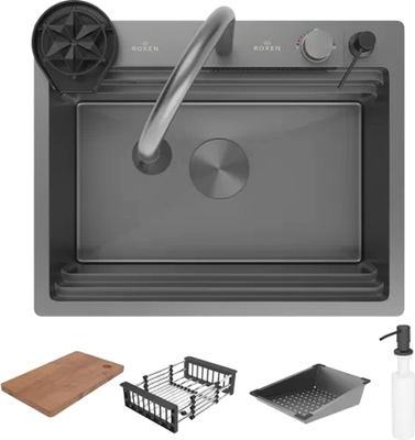 Мойка кухонная со смесителем Roxen Stage Plus 560250-60B PVD многофункциональная 8 в 1 (оружейная сталь)