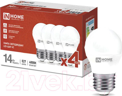 Лампа INhome LED-Шар-VC 14Вт 230В Е27 4000К 1330Лм / 4690612052366 (4шт)
