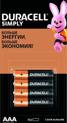Комплект батареек Duracell Simply LR03/MN2400 / 129337 (4шт)