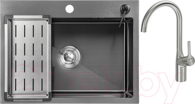 Мойка кухонная со смесителем Saniteco 6045 Nano + Spike F9S07011 (сатин, с сифоном, дозатором и коландером)