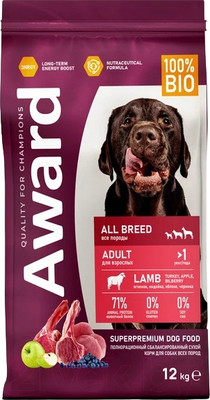 Сухой корм для собак Award Для взрослых собак с ягненком и индейкой с доб. яблока и черники (12кг)