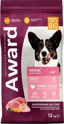 Сухой корм для собак Award Д/взр. собак с индейкой и курицей с доб. моркови и ч. смородины (12кг)